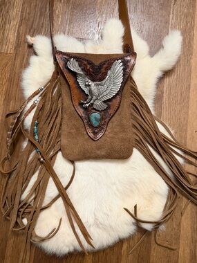 Buffalo Girl Rebel Eagle Gypsy Wanderer Fringe Pouch Crossbody Bag Tan Suede